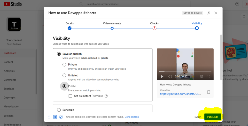 youtube short publish